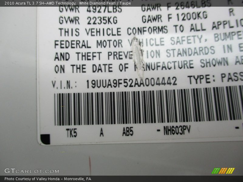 White Diamond Pearl / Taupe 2010 Acura TL 3.7 SH-AWD Technology