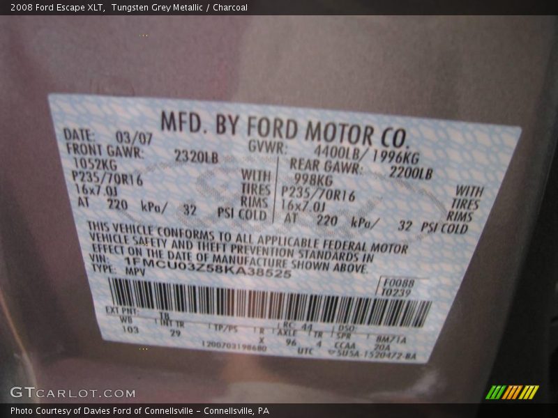 Tungsten Grey Metallic / Charcoal 2008 Ford Escape XLT