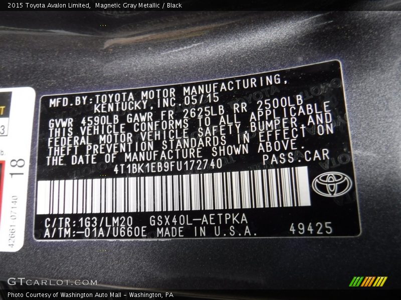 Magnetic Gray Metallic / Black 2015 Toyota Avalon Limited