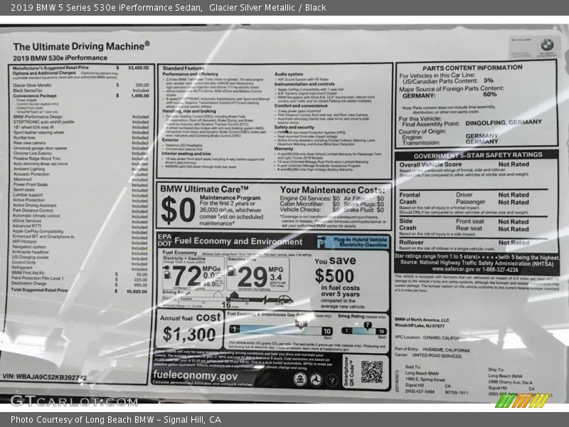 Glacier Silver Metallic / Black 2019 BMW 5 Series 530e iPerformance Sedan