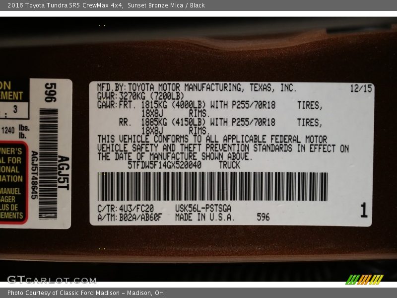 Sunset Bronze Mica / Black 2016 Toyota Tundra SR5 CrewMax 4x4