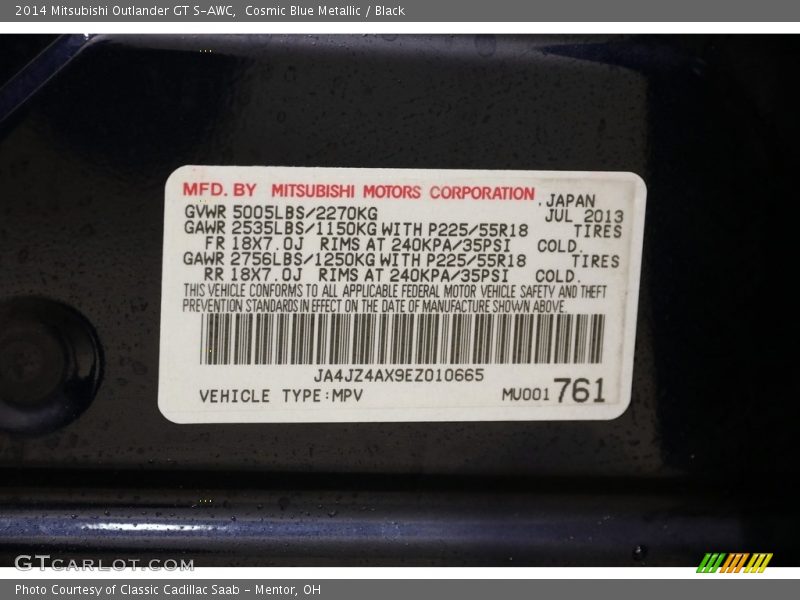 Cosmic Blue Metallic / Black 2014 Mitsubishi Outlander GT S-AWC