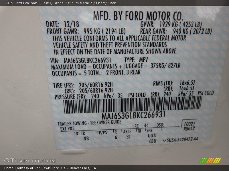 White Platinum Metallic / Ebony Black 2019 Ford EcoSport SE 4WD