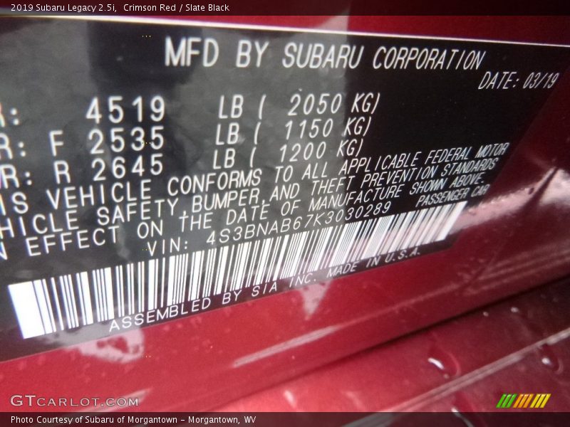 Crimson Red / Slate Black 2019 Subaru Legacy 2.5i