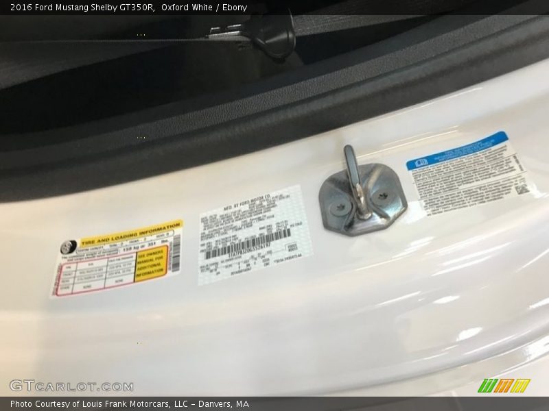Info Tag of 2016 Mustang Shelby GT350R