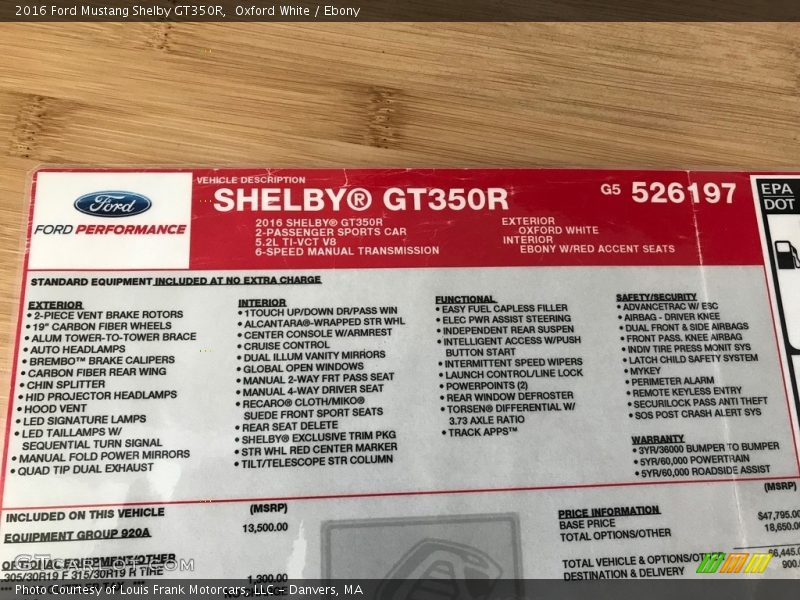  2016 Mustang Shelby GT350R Window Sticker