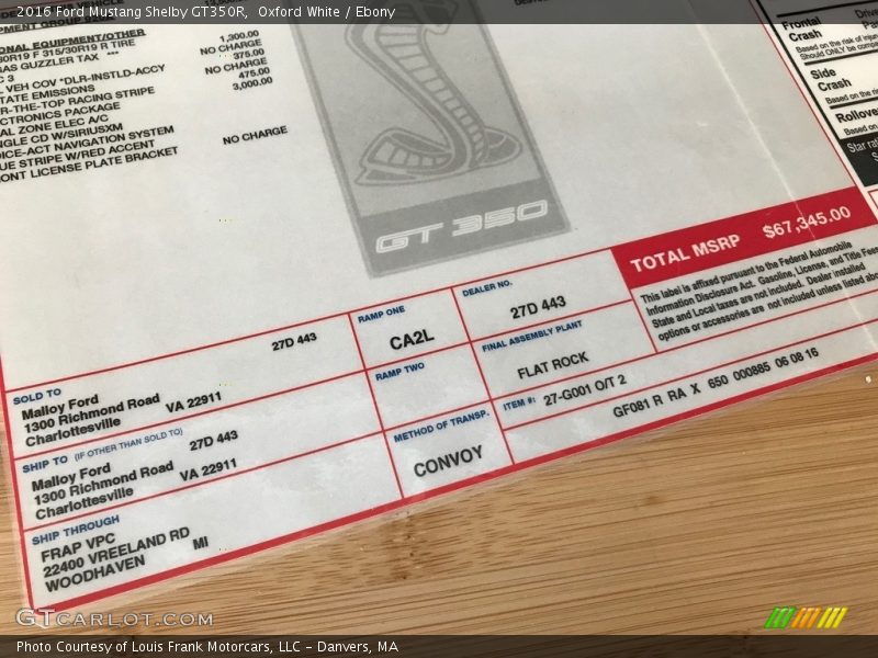  2016 Mustang Shelby GT350R Window Sticker