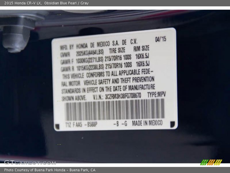 Obsidian Blue Pearl / Gray 2015 Honda CR-V LX
