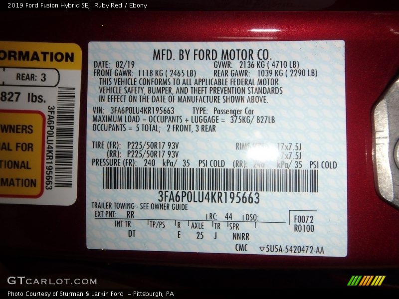 Ruby Red / Ebony 2019 Ford Fusion Hybrid SE