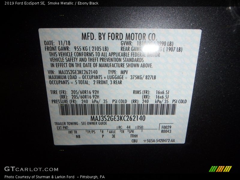 Smoke Metallic / Ebony Black 2019 Ford EcoSport SE