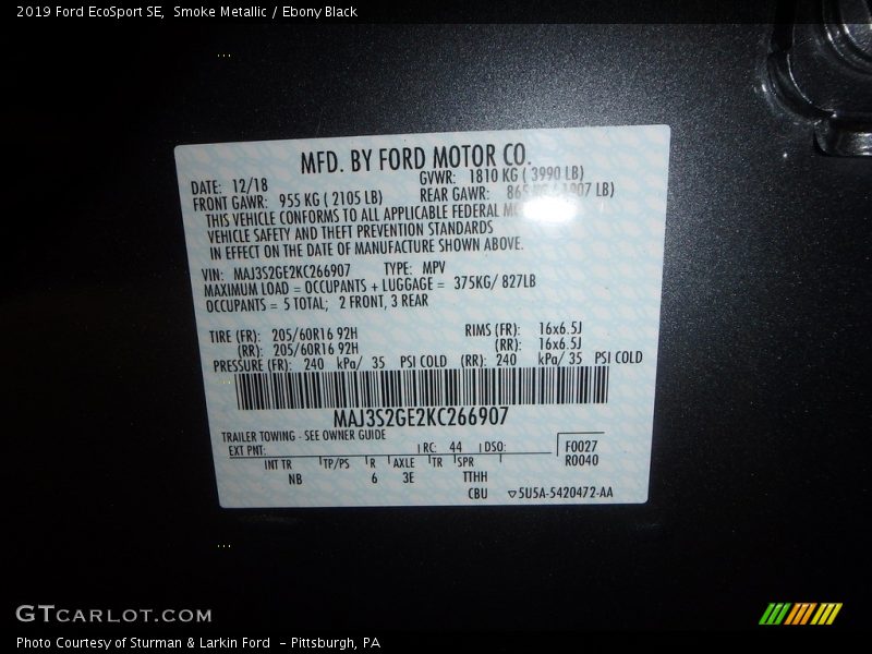 Smoke Metallic / Ebony Black 2019 Ford EcoSport SE