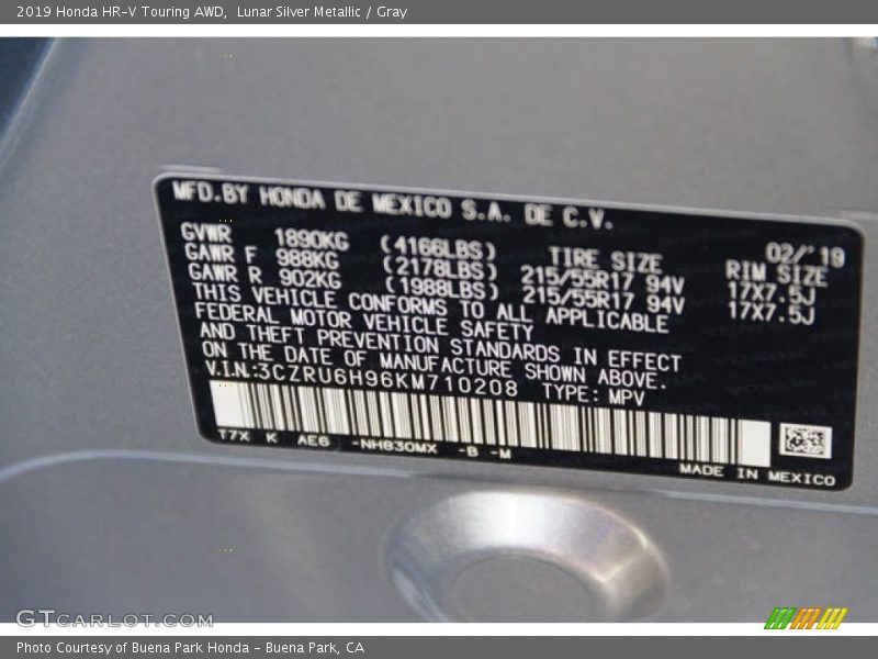 2019 HR-V Touring AWD Lunar Silver Metallic Color Code NH830MX