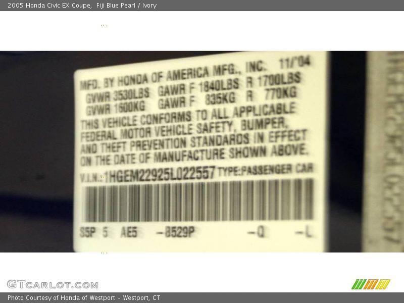 Fiji Blue Pearl / Ivory 2005 Honda Civic EX Coupe