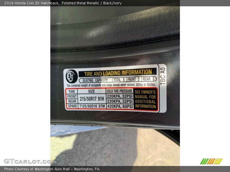 Polished Metal Metallic / Black/Ivory 2019 Honda Civic EX Hatchback