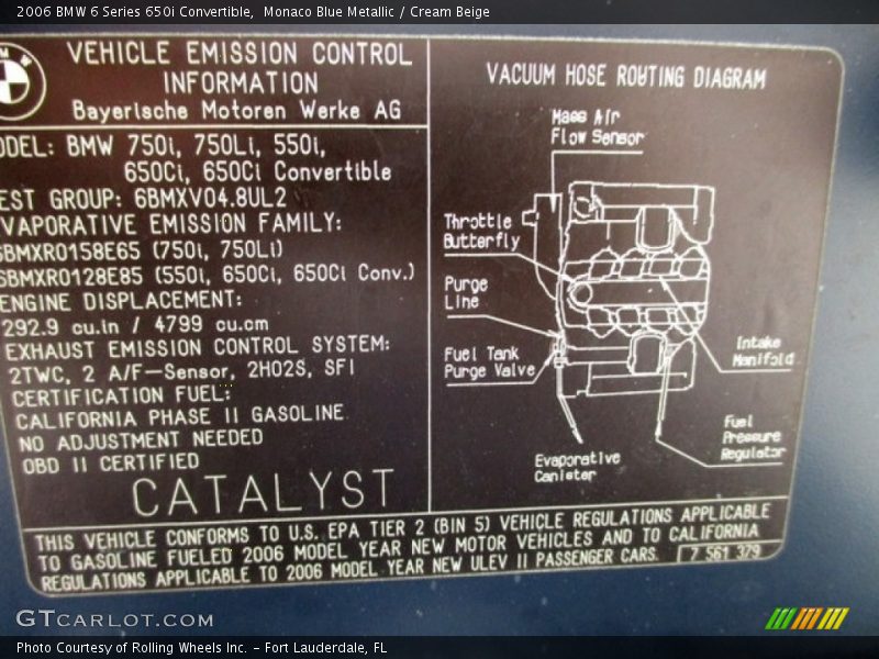 Monaco Blue Metallic / Cream Beige 2006 BMW 6 Series 650i Convertible