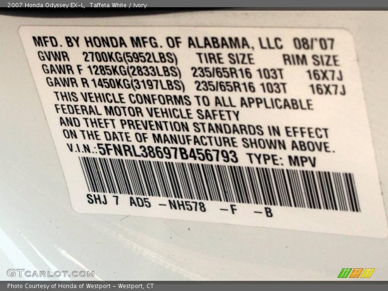 Taffeta White / Ivory 2007 Honda Odyssey EX-L