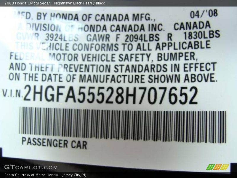 Nighthawk Black Pearl / Black 2008 Honda Civic Si Sedan