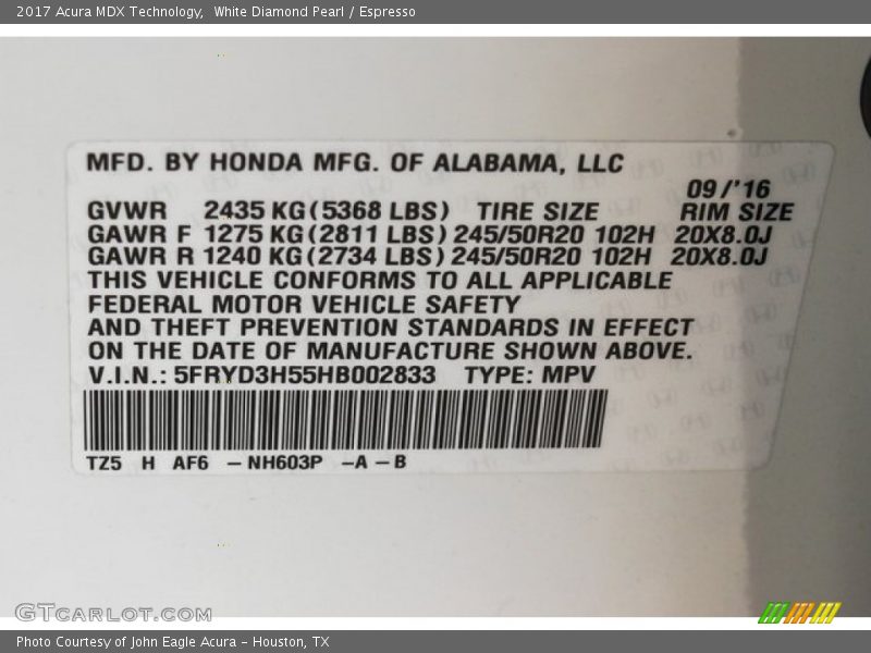 White Diamond Pearl / Espresso 2017 Acura MDX Technology