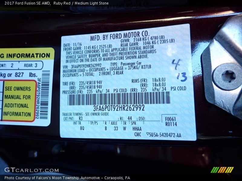 Ruby Red / Medium Light Stone 2017 Ford Fusion SE AWD