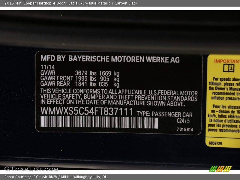 Lapisluxury Blue Metallic / Carbon Black 2015 Mini Cooper Hardtop 4 Door