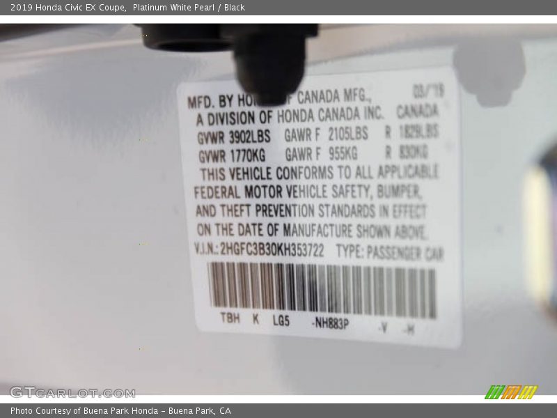 Platinum White Pearl / Black 2019 Honda Civic EX Coupe