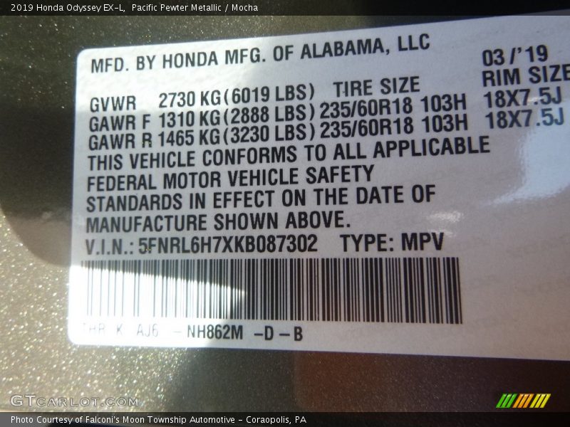 Pacific Pewter Metallic / Mocha 2019 Honda Odyssey EX-L