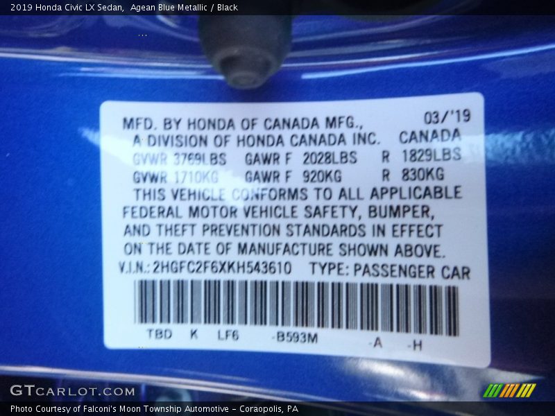 Agean Blue Metallic / Black 2019 Honda Civic LX Sedan