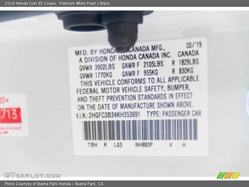 Platinum White Pearl / Black 2019 Honda Civic EX Coupe