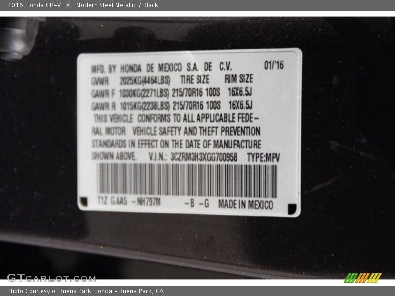Modern Steel Metallic / Black 2016 Honda CR-V LX