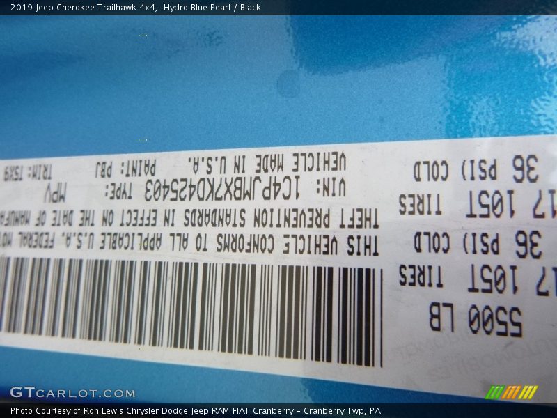2019 Cherokee Trailhawk 4x4 Hydro Blue Pearl Color Code PBJ