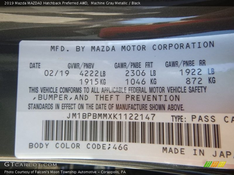 2019 MAZDA3 Hatchback Preferred AWD Machine Gray Metallic Color Code 46G