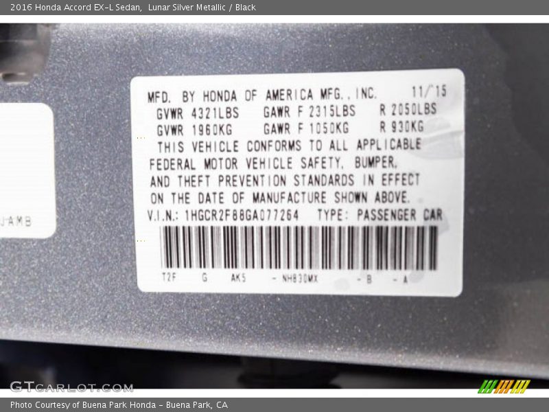 Lunar Silver Metallic / Black 2016 Honda Accord EX-L Sedan
