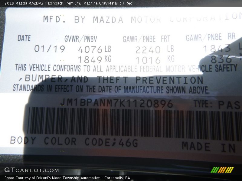 Machine Gray Metallic / Red 2019 Mazda MAZDA3 Hatchback Premium