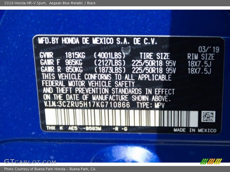 Aegean Blue Metallic / Black 2019 Honda HR-V Sport