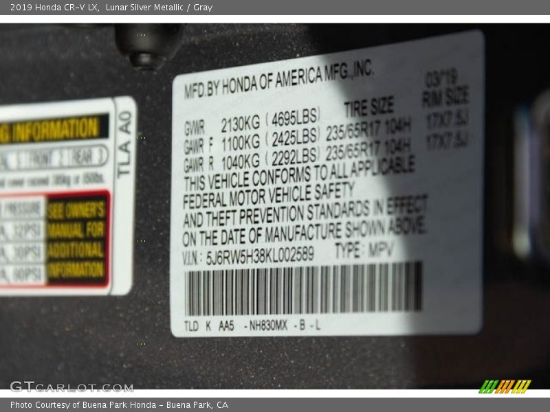 2019 CR-V LX Lunar Silver Metallic Color Code NH830MX