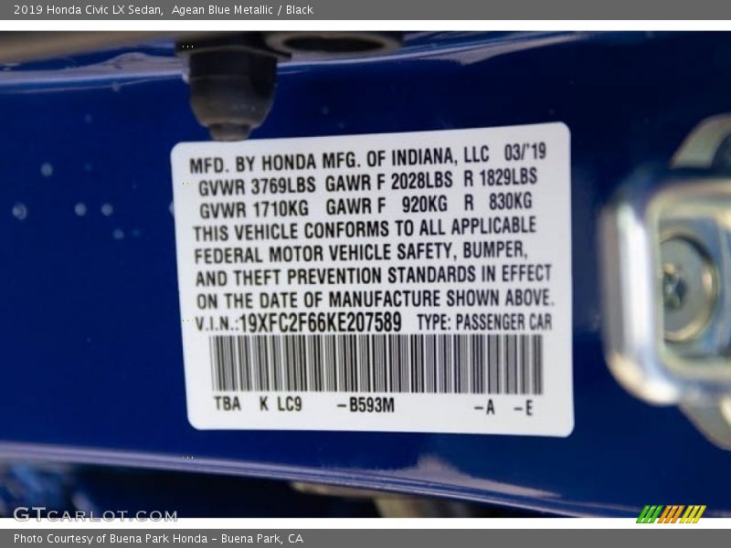 Agean Blue Metallic / Black 2019 Honda Civic LX Sedan