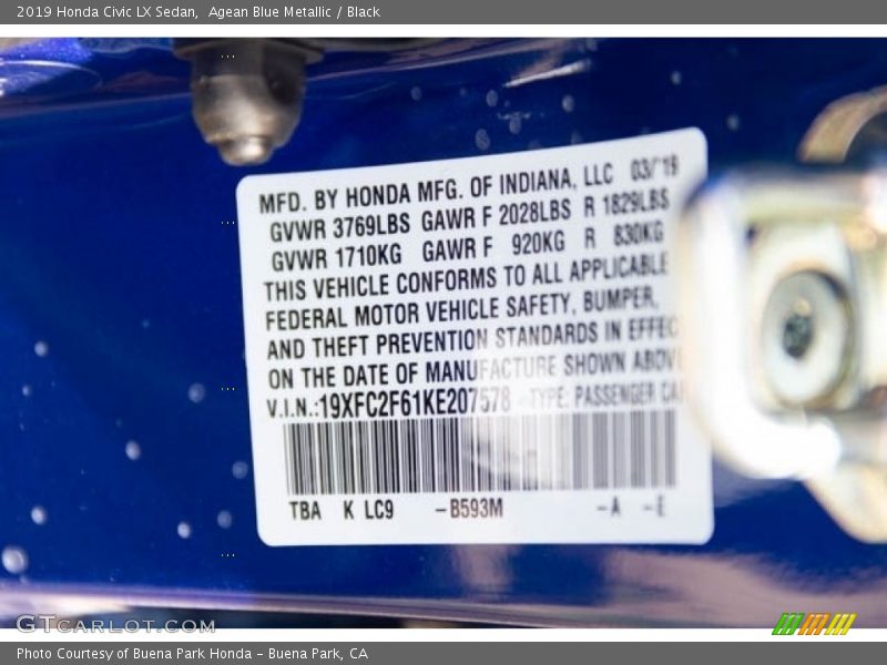 Agean Blue Metallic / Black 2019 Honda Civic LX Sedan