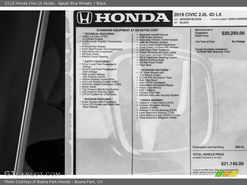 Agean Blue Metallic / Black 2019 Honda Civic LX Sedan