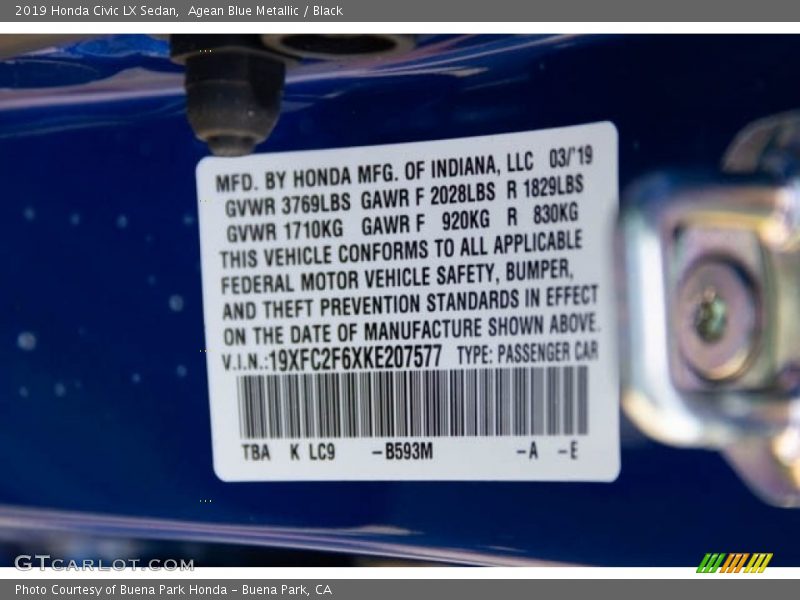 Agean Blue Metallic / Black 2019 Honda Civic LX Sedan