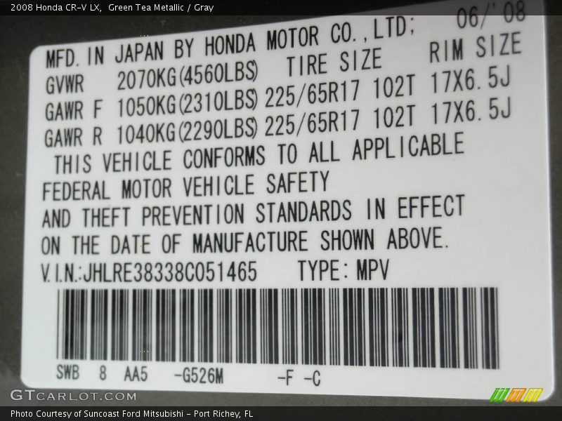 Green Tea Metallic / Gray 2008 Honda CR-V LX