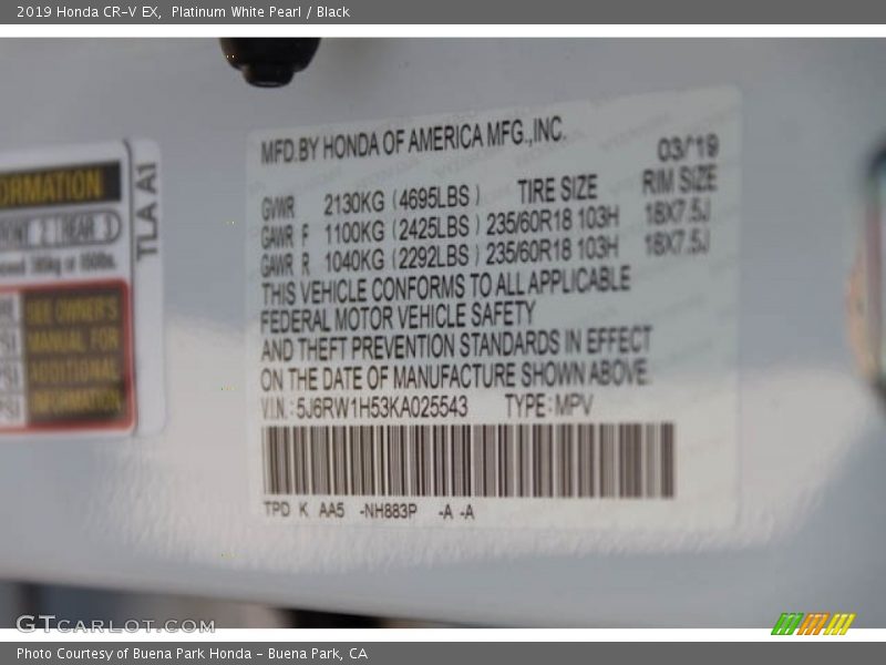 Platinum White Pearl / Black 2019 Honda CR-V EX