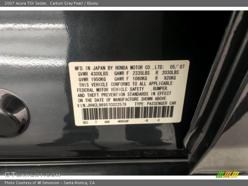 Carbon Gray Pearl / Ebony 2007 Acura TSX Sedan