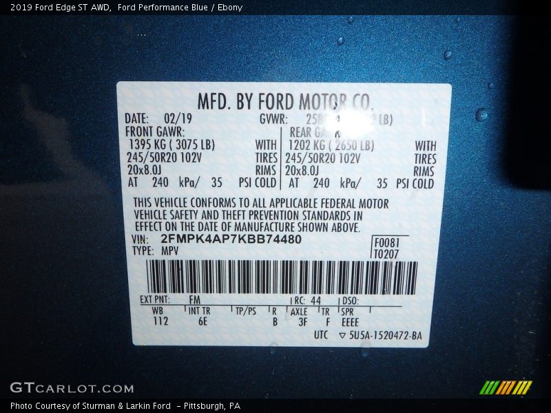 Ford Performance Blue / Ebony 2019 Ford Edge ST AWD