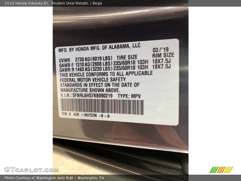 Modern Steel Metallic / Beige 2019 Honda Odyssey EX