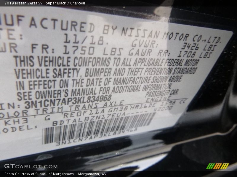 Super Black / Charcoal 2019 Nissan Versa SV