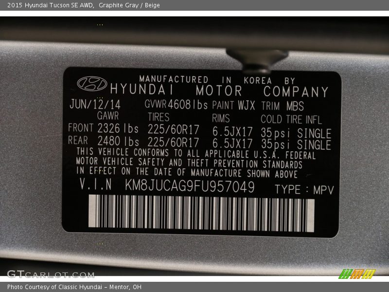 Graphite Gray / Beige 2015 Hyundai Tucson SE AWD