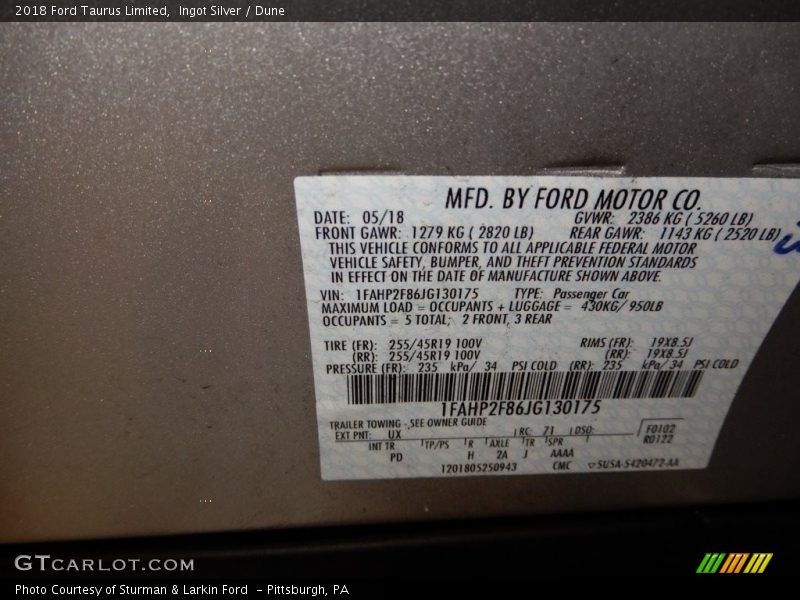2018 Taurus Limited Ingot Silver Color Code UX
