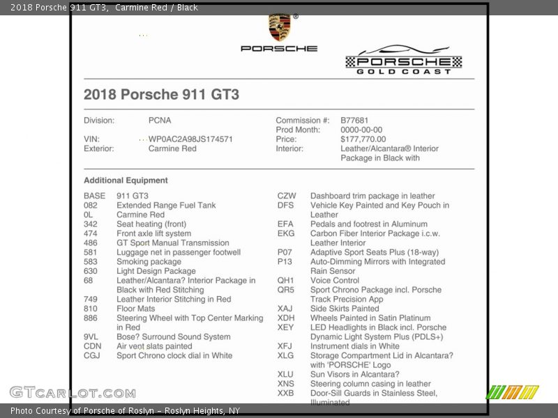  2018 911 GT3 Window Sticker