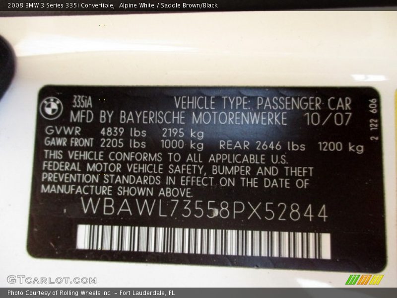 Alpine White / Saddle Brown/Black 2008 BMW 3 Series 335i Convertible