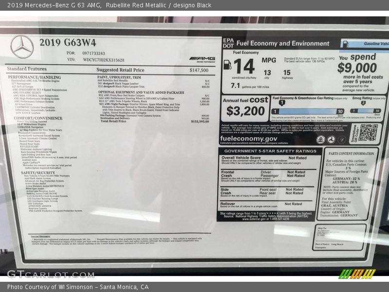 2019 G 63 AMG Window Sticker